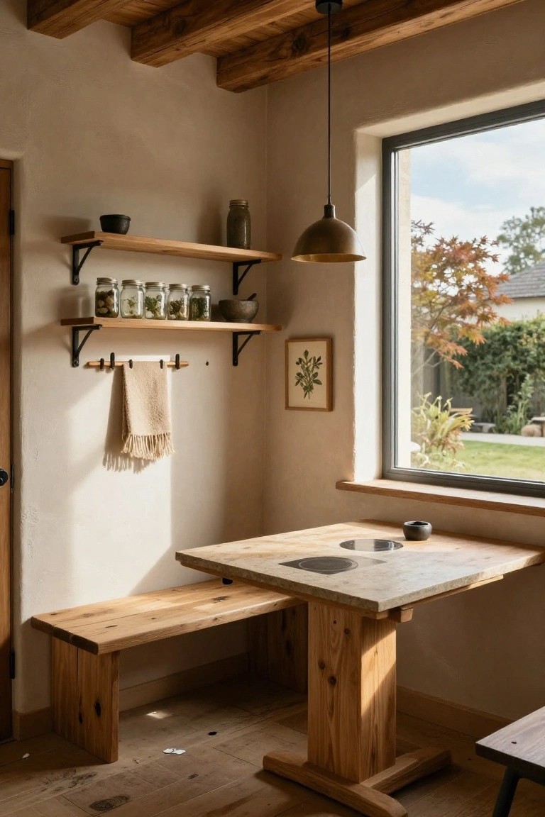 Small interior kitchen nook with wooden table and benches, shelves holding jars and bowls, hanging towel rack, and large window showing garden view.