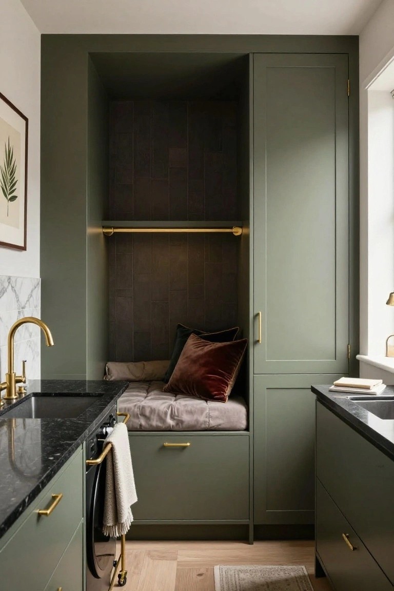 Compact kitchen featuring sage green cabinetry, black granite countertops, brass fixtures, and a built-in recessed window seat with gray cushions and maroon velvet pillows.