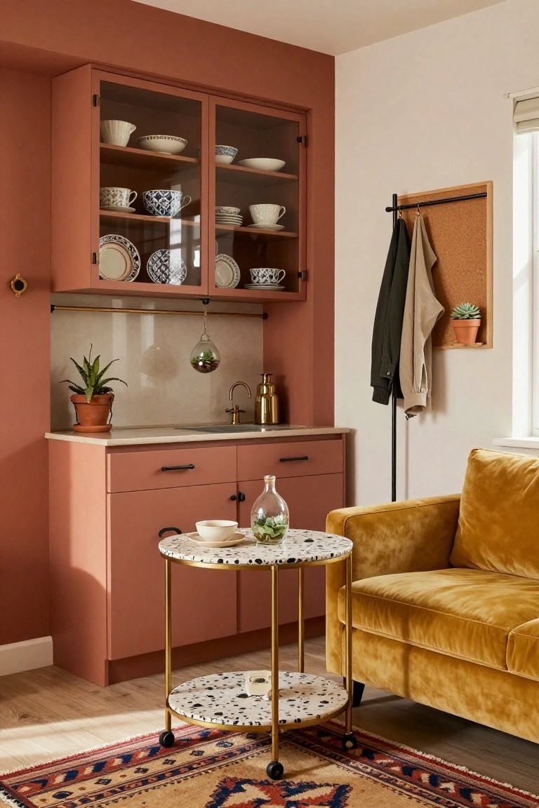Compact kitchen area with terracotta cabinets, glass-fronted uppers displaying dishes, white countertop sink with gold faucet, plants in pots, and yellow velvet sofa nearby on wooden floor.