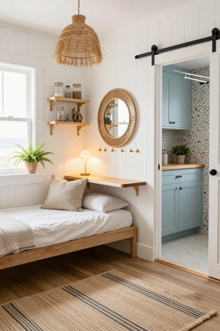 Small white shiplap-walled bedroom with low wooden bed, floating wooden shelf above bed holding lamp and pillows, open barn door to blue cabinet bathroom, plants on shelves, rattan mirror, and seagrass rug on wood floor.
