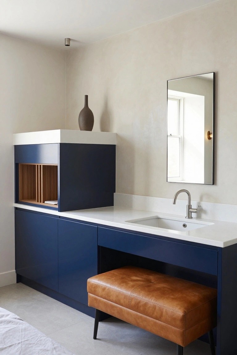 Navy blue built-in cabinets with white countertop and sink, open wood shelving, rectangular mirror on beige wall, and tan leather bench seat in a light-colored bathroom interior.