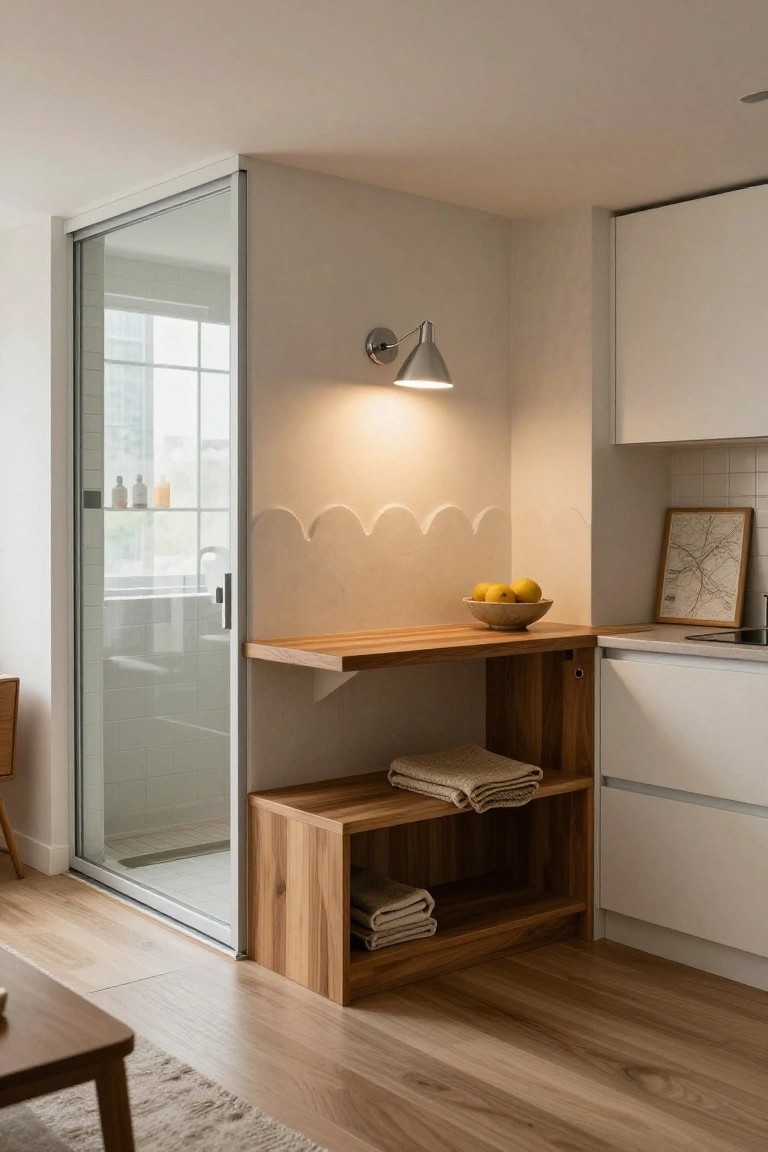 Wooden built-in bench with open storage shelf below holding folded towels and shelf above with bowl of lemons, positioned next to glass shower door, white kitchen cabinets, and oak wood floor in a small apartment interior.