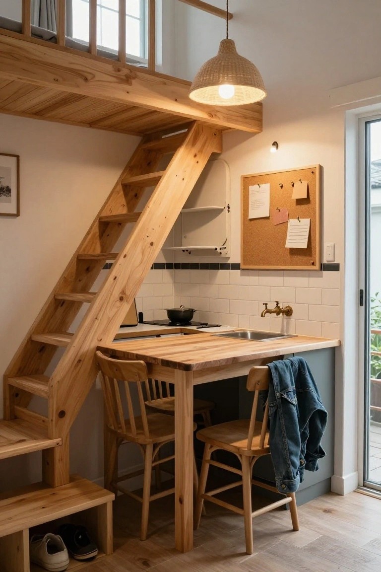 Wooden loft stairs integrated next to a compact kitchen counter with sink, stools, and wall-mounted corkboard in a small interior space.