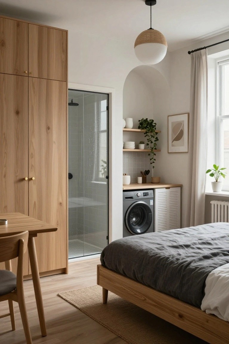 Small studio apartment interior with tall wooden wardrobe next to glass shower enclosure, front-loading washer, low shelves, wooden bed frame, small table, chair, plants, and beige rug on light wood floors.