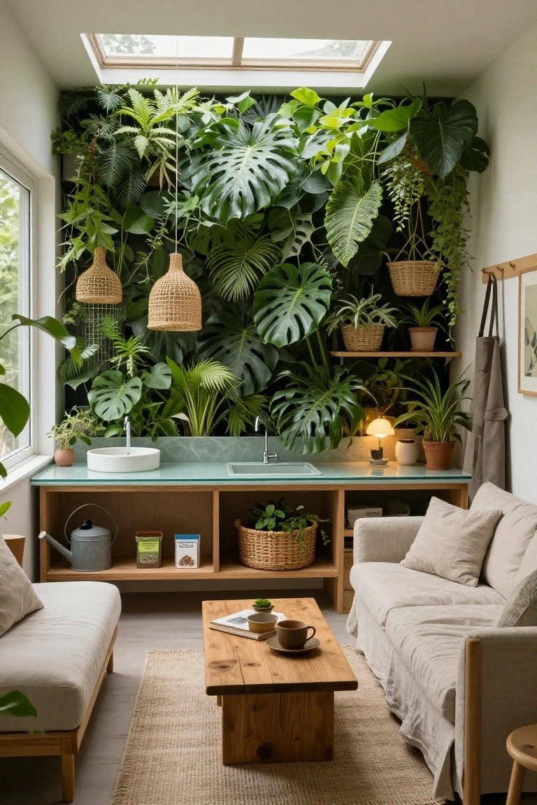 Small indoor room featuring a tall green plant wall with large monstera leaves, a sink counter with white basin, beige sofa, wooden coffee table, rattan hanging lamps, and potted plants on shelves under a skylight.