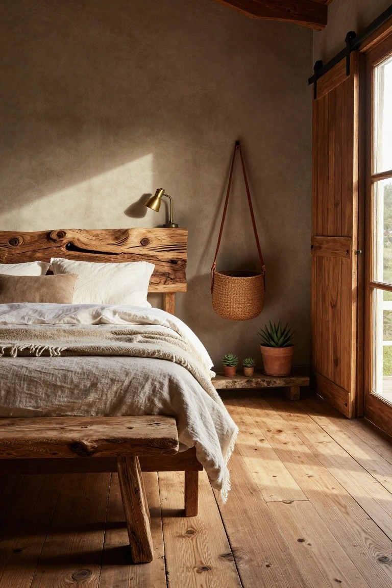 Bedroom corner with live-edge wooden headboard behind white linen bed and pillows, wooden bench at foot with draped fabric, potted succulents on rustic shelf, hanging wicker basket, and wooden sliding doors by window.