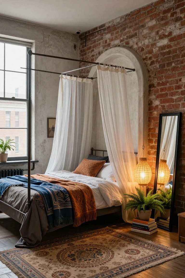 A bedroom with black metal four-poster bed draped in sheer white fabric, layered blue and orange blankets, exposed brick walls, potted ferns, rattan pendant lamps, full-length mirror, and patterned rug on wood floors.