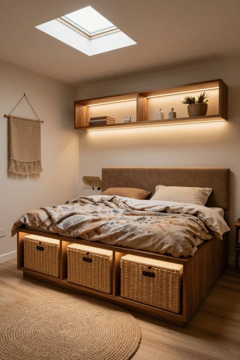 A boho-style bedroom with a wooden platform bed featuring three built-in wicker basket drawers illuminated by LED strips underneath, neutral textured bedding, floating wooden shelves with plants and books above the bed, a beige macrame wall hanging, a round jute rug, light wood floors, and a skylight in the ceiling.
