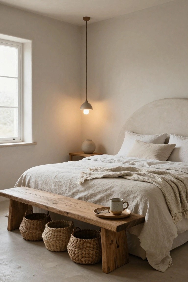 A neutral-toned bedroom with a curved white upholstered headboard, white linen bedding and throws on a king bed, a wooden bench at the foot holding three woven seagrass baskets, a side table with a ceramic mug and plate, a pendant lamp, and a ceramic vase on a wooden nightstand.