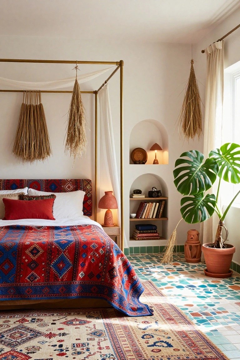 Bedroom with gold four-poster canopy bed draped in white fabric over red and blue patterned bedding, pampas grass hangings on walls, arched niches holding books lamps and pottery, monstera plant in corner, and colorful terracotta tile floor.