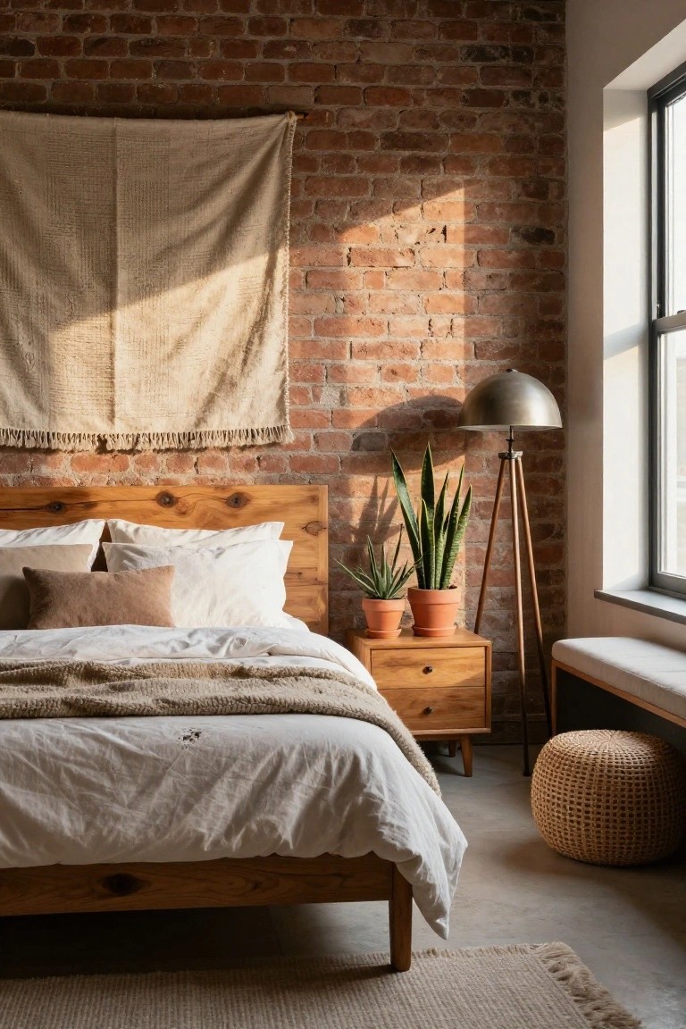 Bedroom interior with exposed brick wall, wooden bed frame with white linens and beige throw, wooden nightstand, two potted snake plants, tripod floor lamp, bench, and woven pouf on concrete floor.