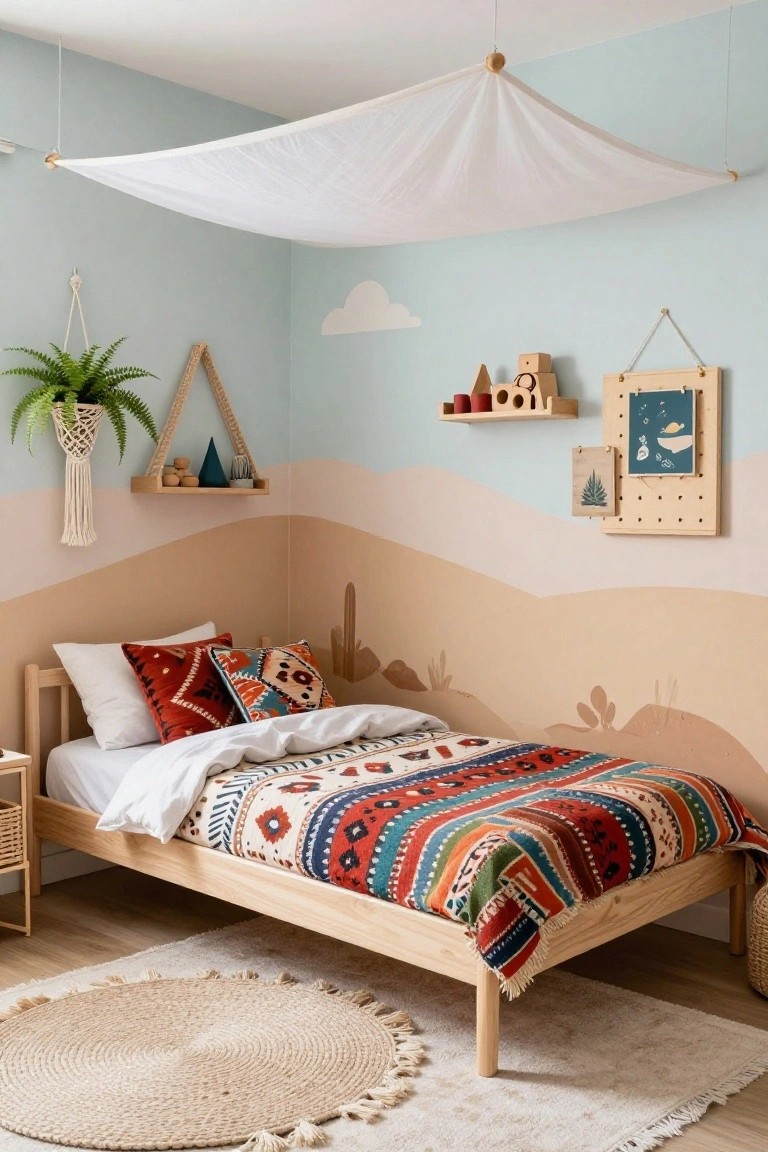 Child's bedroom with light blue upper walls transitioning to painted beige sand dunes and black cactus silhouettes on lower walls, wooden single bed with colorful patterned bedding and pillows, white fabric canopy overhead, wooden toy shelves, macrame plant hanger, and round jute rug on floor.