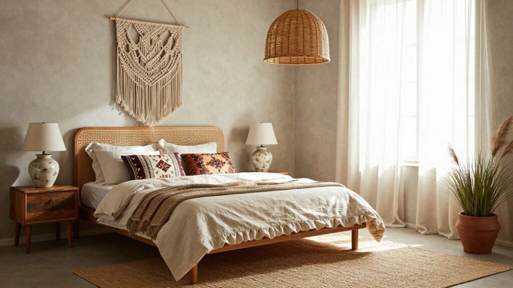 A sunlit bedroom corner with a bed featuring a curved rattan headboard, white linen bedding topped by a multicolored woven throw, wooden nightstand with ceramic lamp, macrame wall hanging, pampas grass in terracotta pot, rattan pendant light, and sheer curtains on window.
