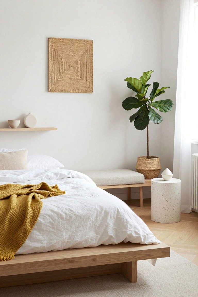 Bedroom corner with low oak platform bed draped in white linens and mustard throw, tall fiddle leaf fig in woven basket next to bench and white stool, woven wall art, ceramic vases on oak shelf, white walls, and parquet floor.