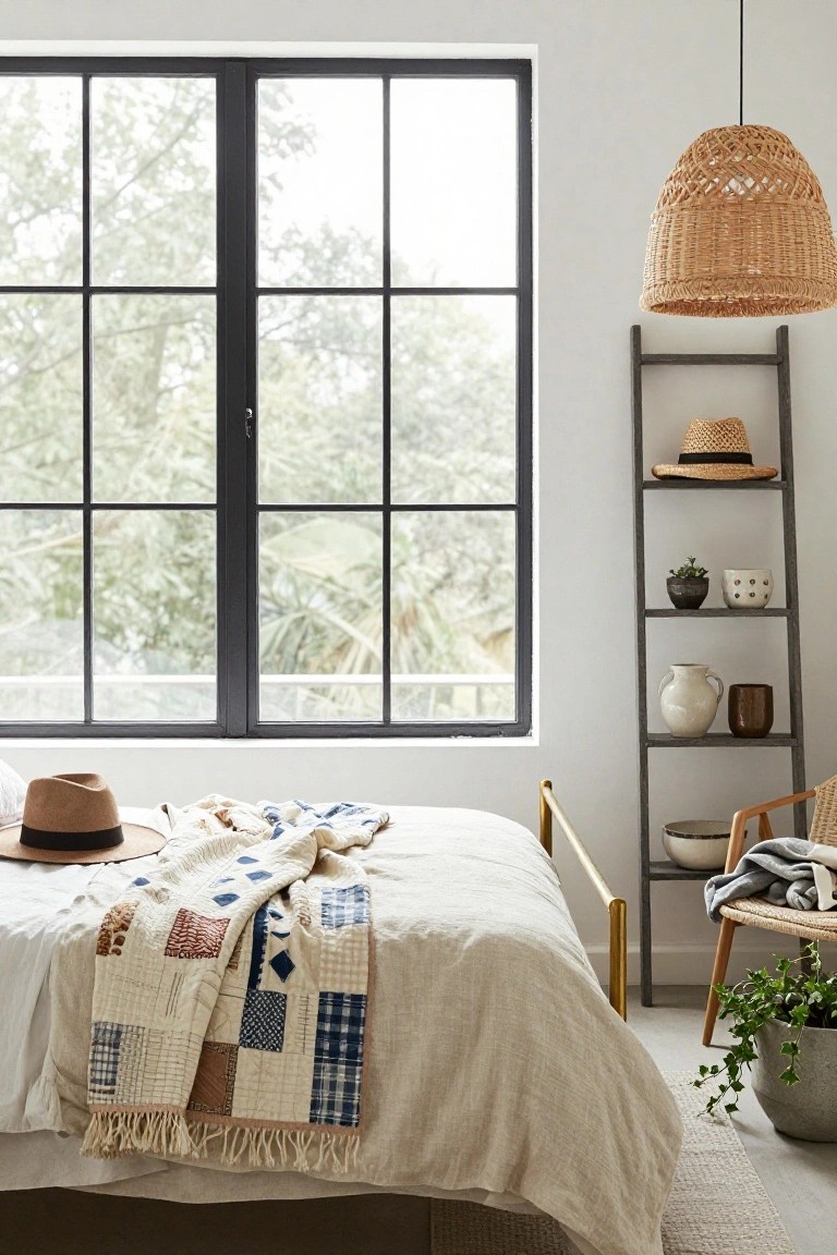A bedroom featuring a black metal-framed window with a view of trees and palms, a bed draped in a patchwork quilt and tan hat, a tall wooden ladder shelf with straw hats, pottery, and plants, a woven pendant light, a wicker chair, and potted ivy on the floor.