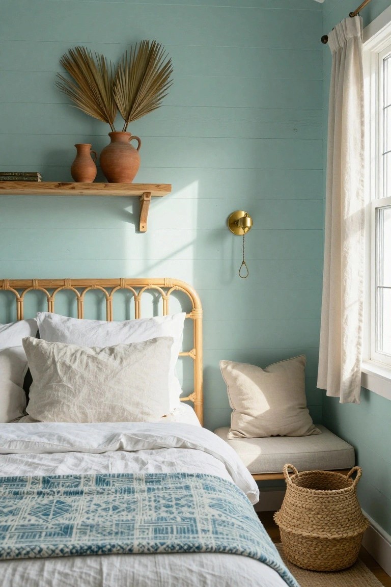 A bedroom with pale teal shiplap walls, rattan headboard bed dressed in white linen sheets and pillows with a blue patterned throw, wooden floating shelf holding two terracotta vases and dried palm fronds, gold wall sconce, window with white curtains, and cushioned bench with seagrass basket nearby.