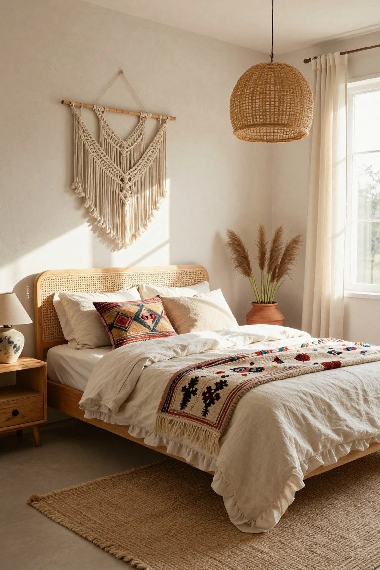 A sunlit bedroom corner with a bed featuring a curved rattan headboard, white linen bedding topped by a multicolored woven throw, wooden nightstand with ceramic lamp, macrame wall hanging, pampas grass in terracotta pot, rattan pendant light, and sheer curtains on window.
