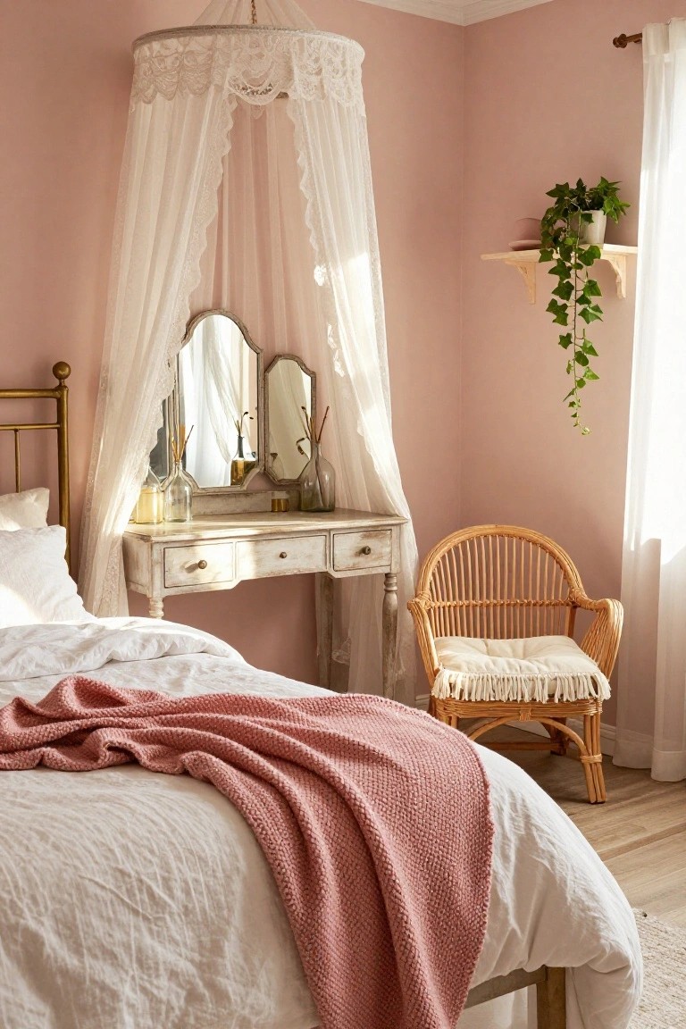 Pink-walled bedroom with brass bed under white lace canopy, white wooden vanity with tri-fold mirror, rattan chair with white cushions and fringe throw, ivy plant on wooden shelf, and sheer curtains on window.