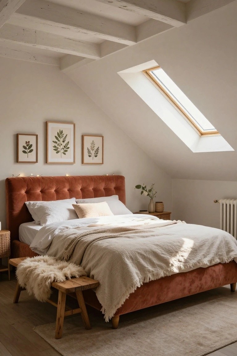 Attic bedroom with rust velvet tufted headboard bed, white pillows and linens with beige throws, three framed botanical leaf prints above, wooden side table with vase, rattan basket, wooden bench with white sheepskin throw, sloped white ceilings, skylight, and beige rug on wood floor.