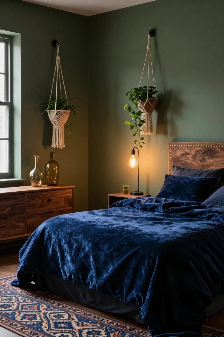 Bedroom with sage green walls, navy velvet bed on wooden frame and nightstand, macrame hanging plants, glass bottles on wooden dresser, Edison bulb lamp, and patterned rug on wood floor.