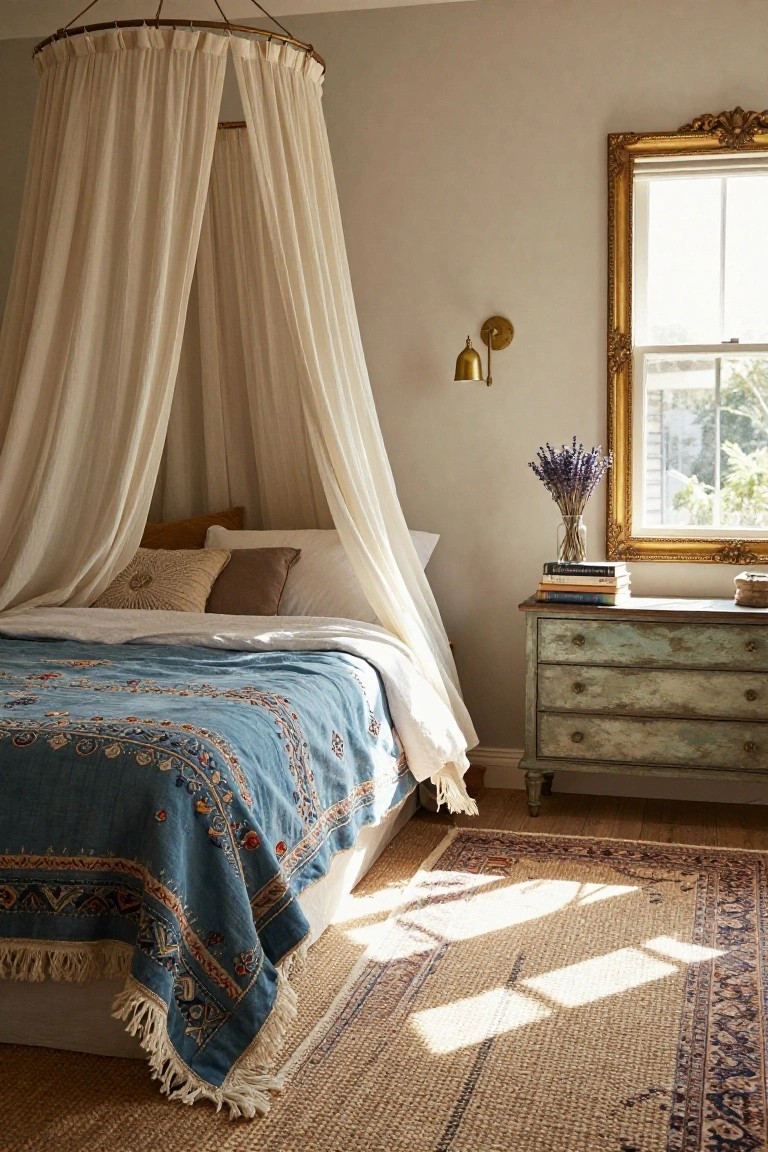 Bedroom interior with a bed under a white sheer canopy draped from a circular brass hoop ceiling mount, blue embroidered quilt and pillows, beside a distressed green dresser with stacked books and lavender bouquet in vase, ornate gold mirror over window, tan rug on wood floor.