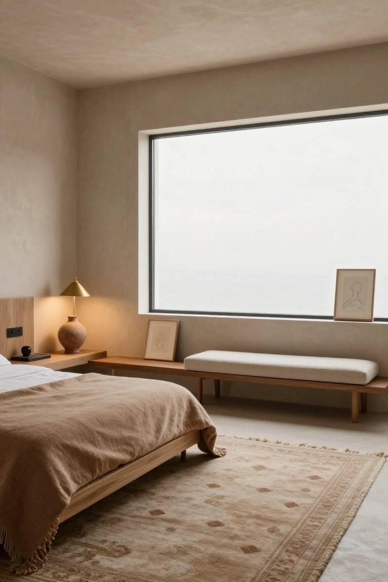 Bedroom corner featuring beige textured plaster walls, low oak platform bed with tan wool blanket, white bench at foot, large floor-to-ceiling window, gold table lamp, terracotta vase, and framed line drawings nearby.