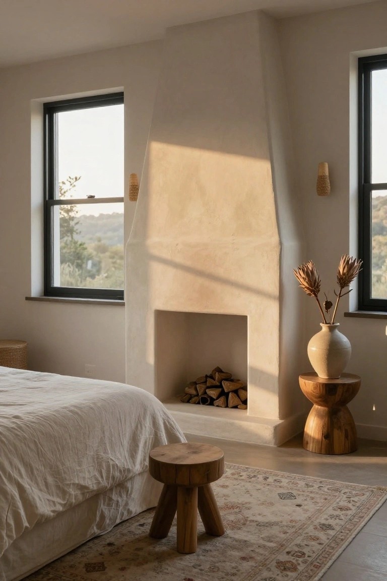A sunlit bedroom with a tall beige textured plaster wall featuring an open fireplace filled with stacked logs, a white linen bed, wooden stools and side table, potted dried plants, and large black-framed windows showing hills outside.