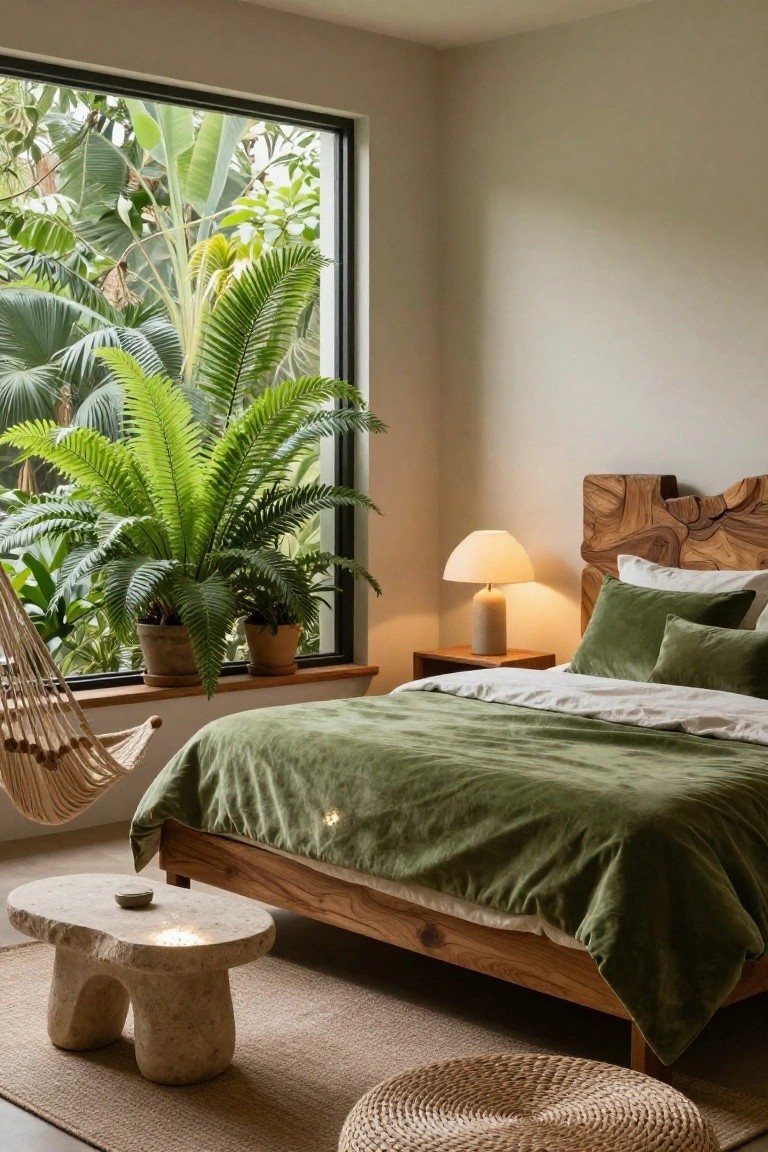 Bedroom with low wooden platform bed draped in green velvet bedding, wooden headboard, bedside lamp on wooden nightstand, stone side table, rattan hanging chair, seagrass rug, and large potted ferns on sill in front of floor-to-ceiling window showing tropical outdoor plants.