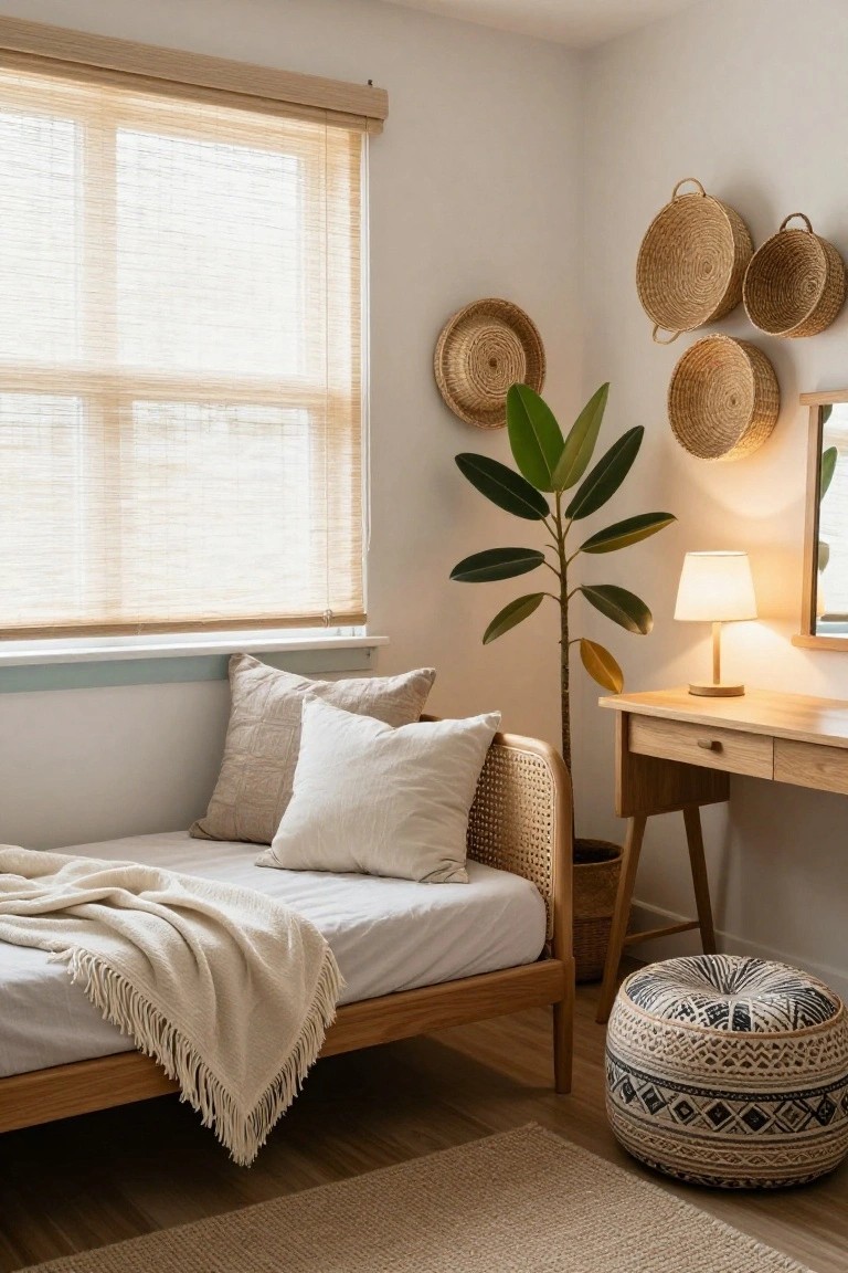 Cozy bedroom interior with low wooden daybed covered in white throw, rattan chair holding potted plant, wooden desk and lamp, multiple woven baskets hanging on walls near window with bamboo blinds, and woven ottoman on wood floor.
