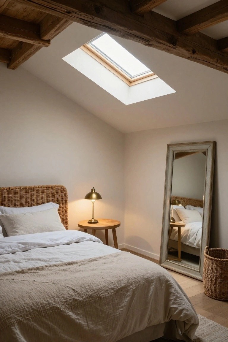 Exposed Wooden Beams Over a Neutral Bed