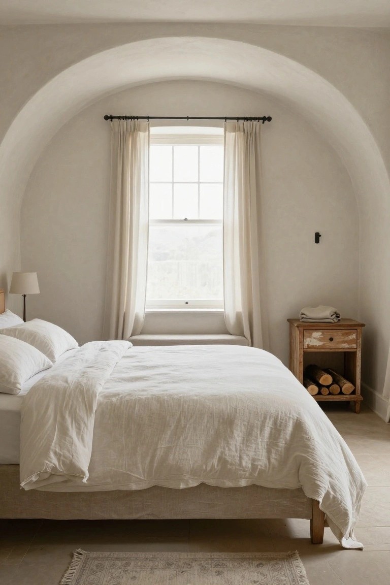 Bedroom with curved white arched ceiling, large window draped in sheer white curtains, low wooden bed covered in white linen bedding and pillows, wooden nightstand with stacked logs below, lamp, bench, and small patterned rug on tile floor.