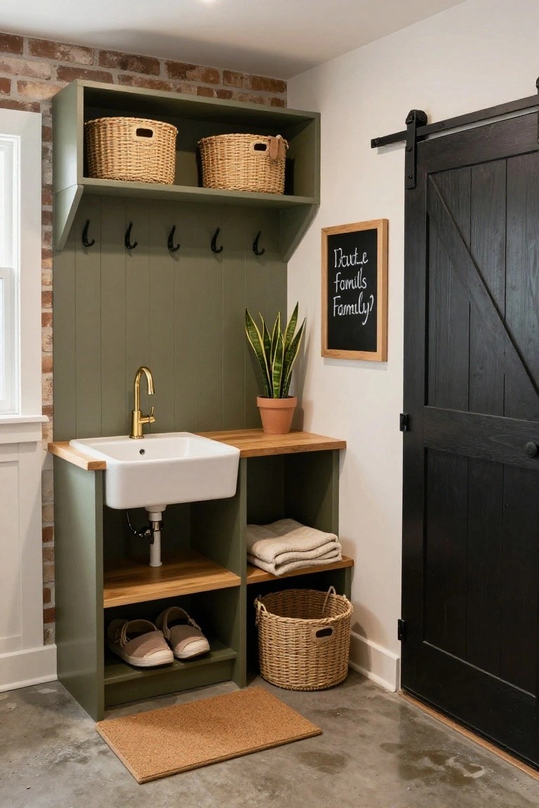 Sage green wooden cabinet unit featuring coat hooks, wicker baskets on shelves, women's espadrilles shoes, stacked towels, white farmhouse sink with gold faucet, potted snake plant, chalkboard sign, and black sliding barn door against exposed brick wall on concrete floor with cork mat.