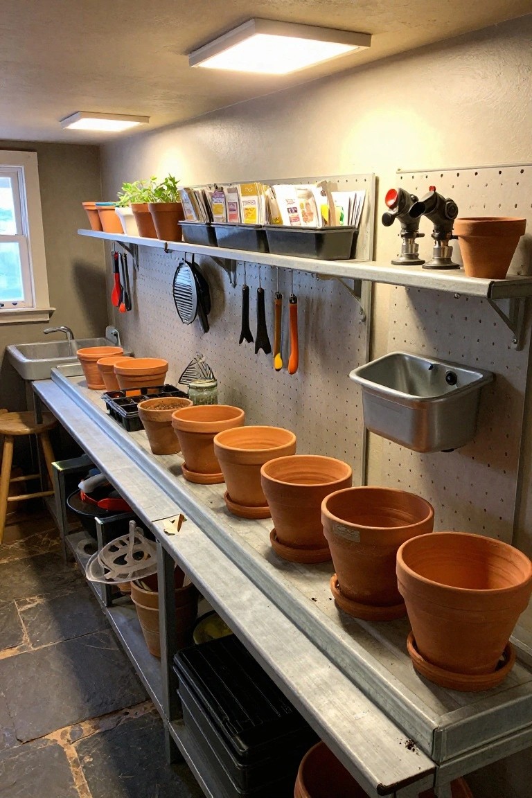 Basement room with metal workbench lined with empty terracotta pots, pegboard wall holding gardening tools and utensils, open shelves stocked with pots and seed packets, utility sink, and potted plants nearby.
