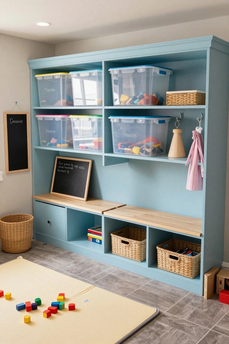 Turquoise painted built-in shelving unit in a basement playroom with labeled clear plastic bins, wicker baskets, wooden benches, chalkboards, toys, and a play mat on the floor.