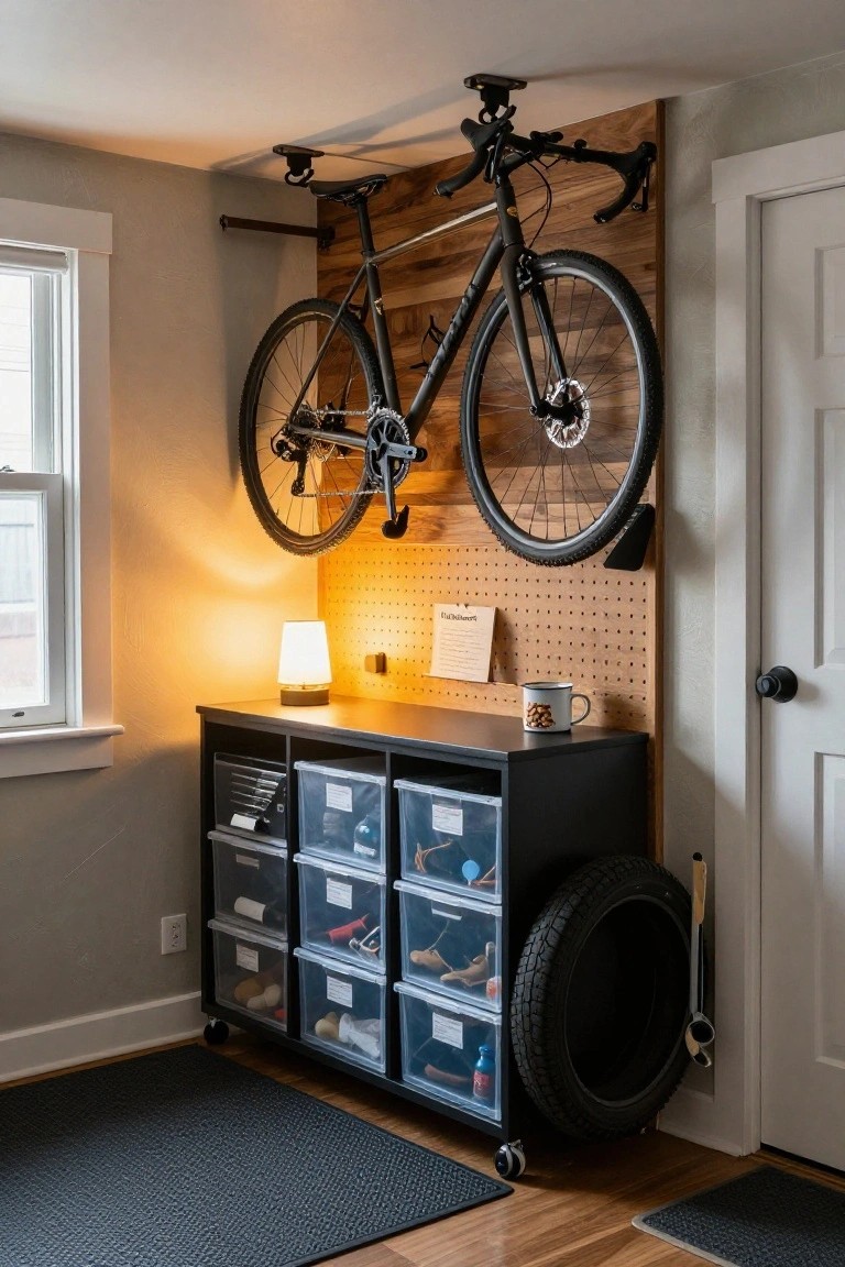 Corner indoor room showing a black road bike mounted upside down from a ceiling rack against a wooden accent wall with pegboard panel, black rolling storage drawers with clear bins and miscellaneous items, a spare tire, small lamp, and doorway.