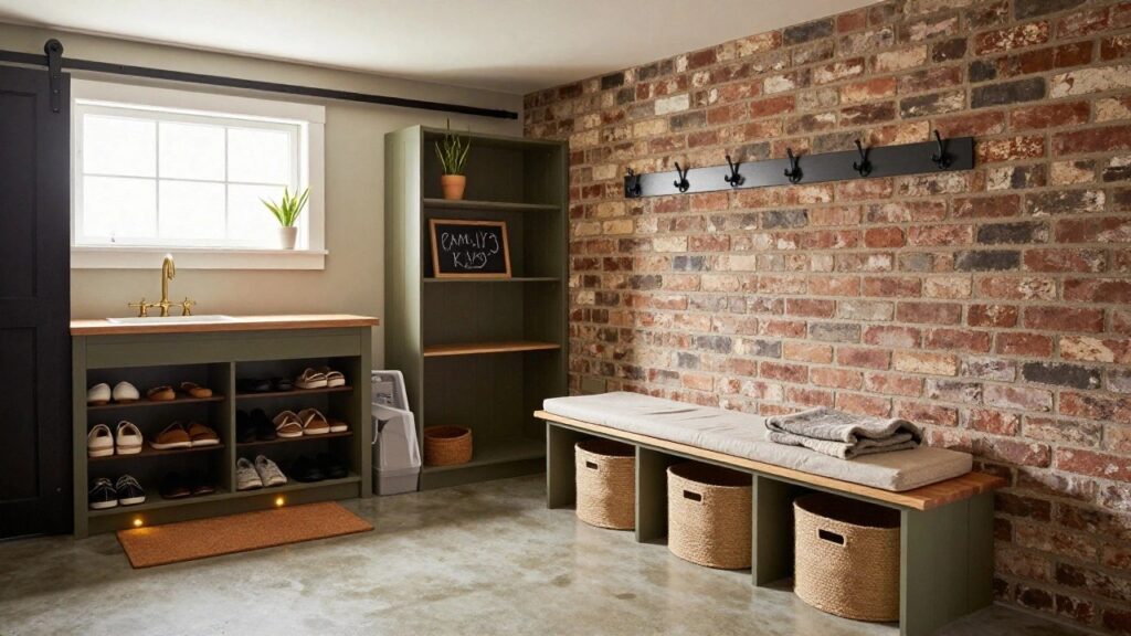 Sage green wooden cabinet unit featuring coat hooks, wicker baskets on shelves, women's espadrilles shoes, stacked towels, white farmhouse sink with gold faucet, potted snake plant, chalkboard sign, and black sliding barn door against exposed brick wall on concrete floor with cork mat.
