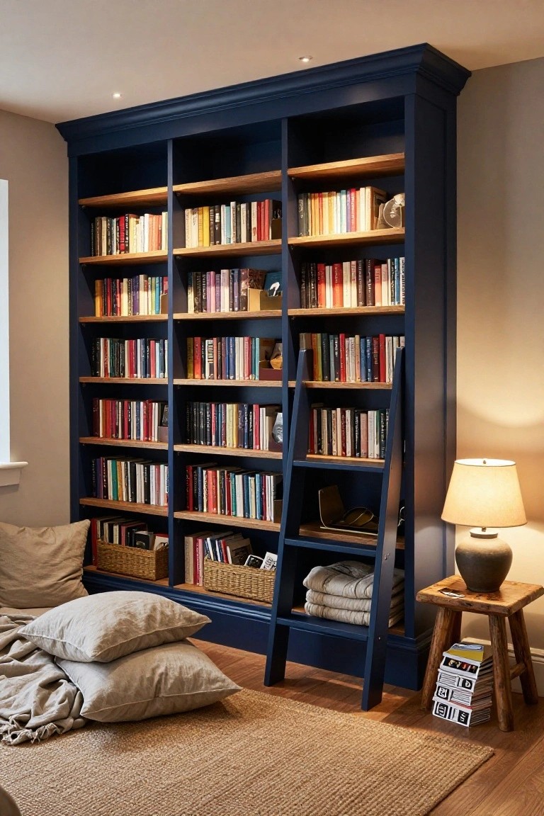 Tall navy blue built-in bookcase with wooden shelves filled with colorful books, a sliding wooden ladder, woven baskets, pillows and a blanket on the floor, a lamp on a stool, and a seagrass rug in a room with hardwood floors.