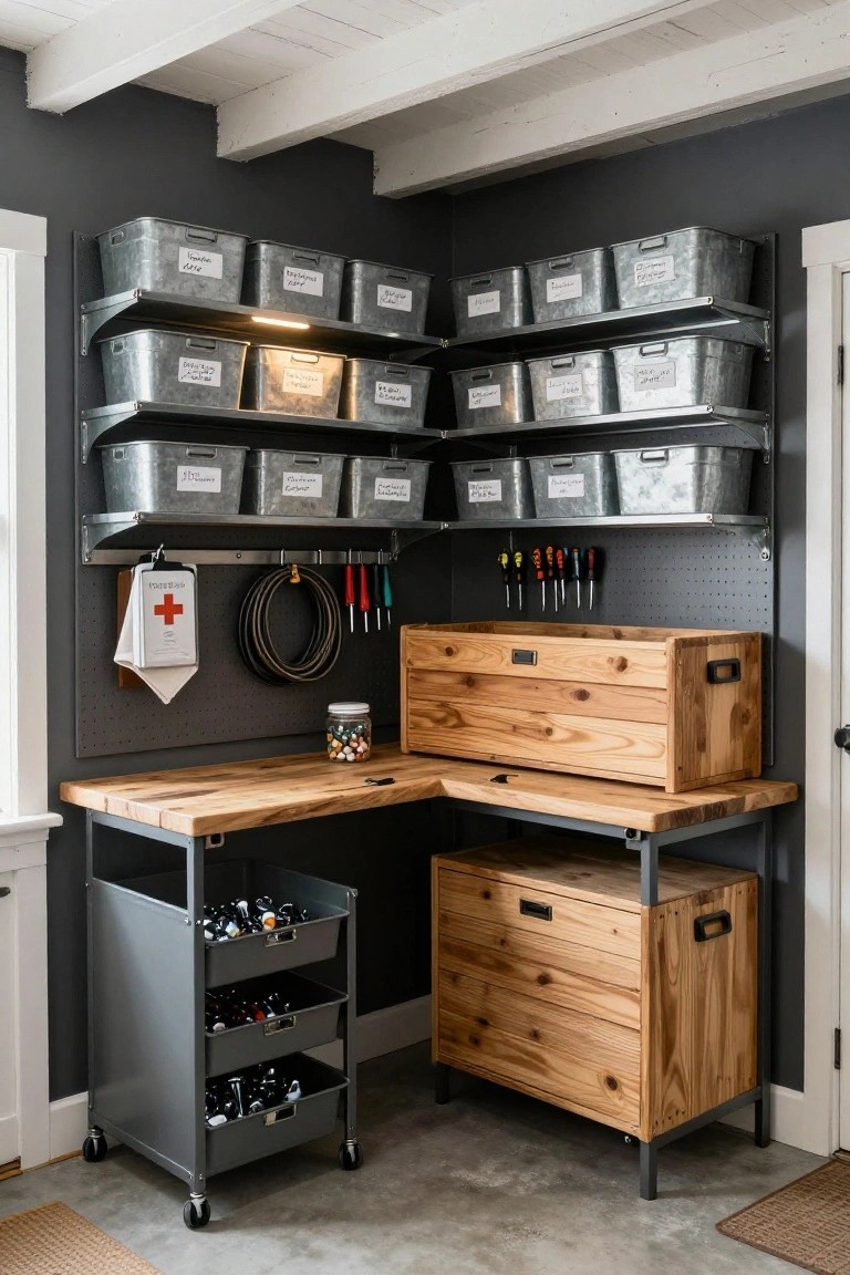 Corner basement workshop featuring an L-shaped wooden workbench, wall-mounted galvanized metal bins on shelves with labels, pegboard wall with hanging tools, wooden crates, and a gray rolling cart with bins.