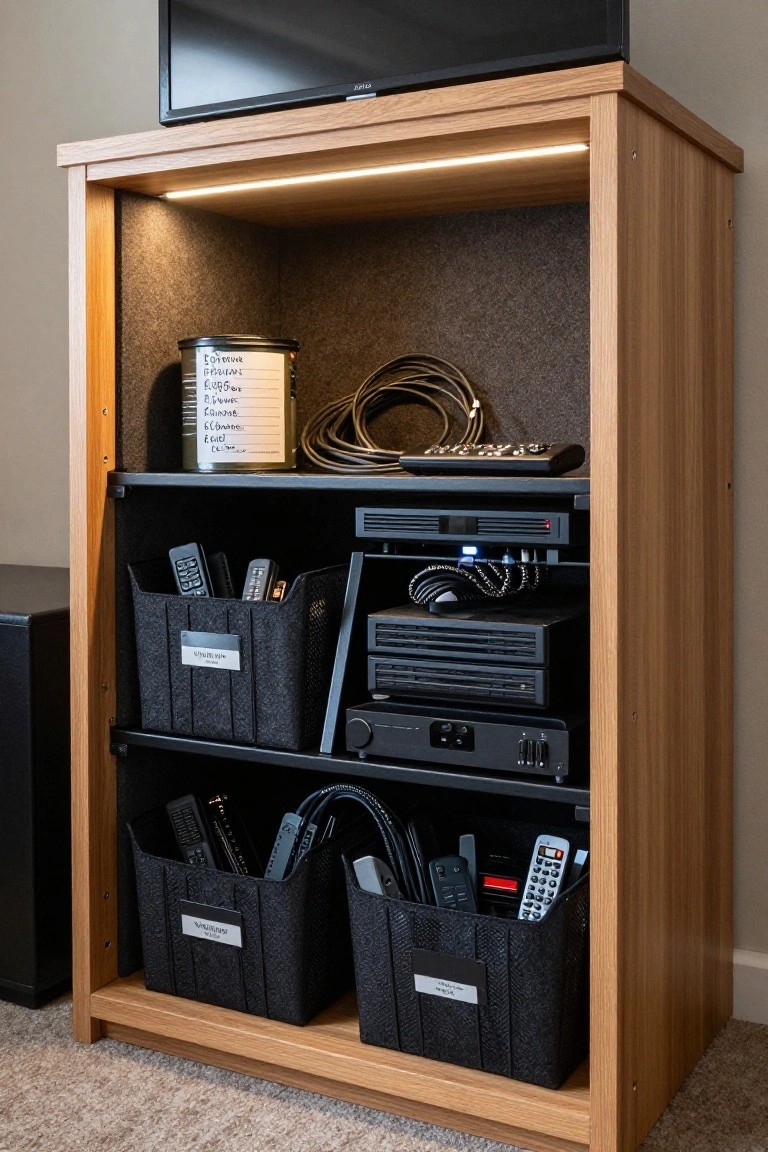 Oak media console with open shelves, LED strip lighting, labeled fabric bins holding remotes and cables, electronics stacked below, and a TV on top.