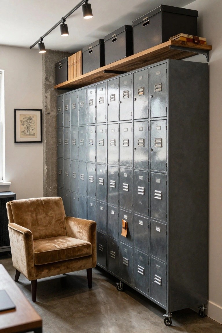 Tall gray metal lockers lined up against a wall in an industrial-style room, with wooden shelves and storage boxes above, a tan upholstered chair in front, track lighting overhead, and a small desk nearby.