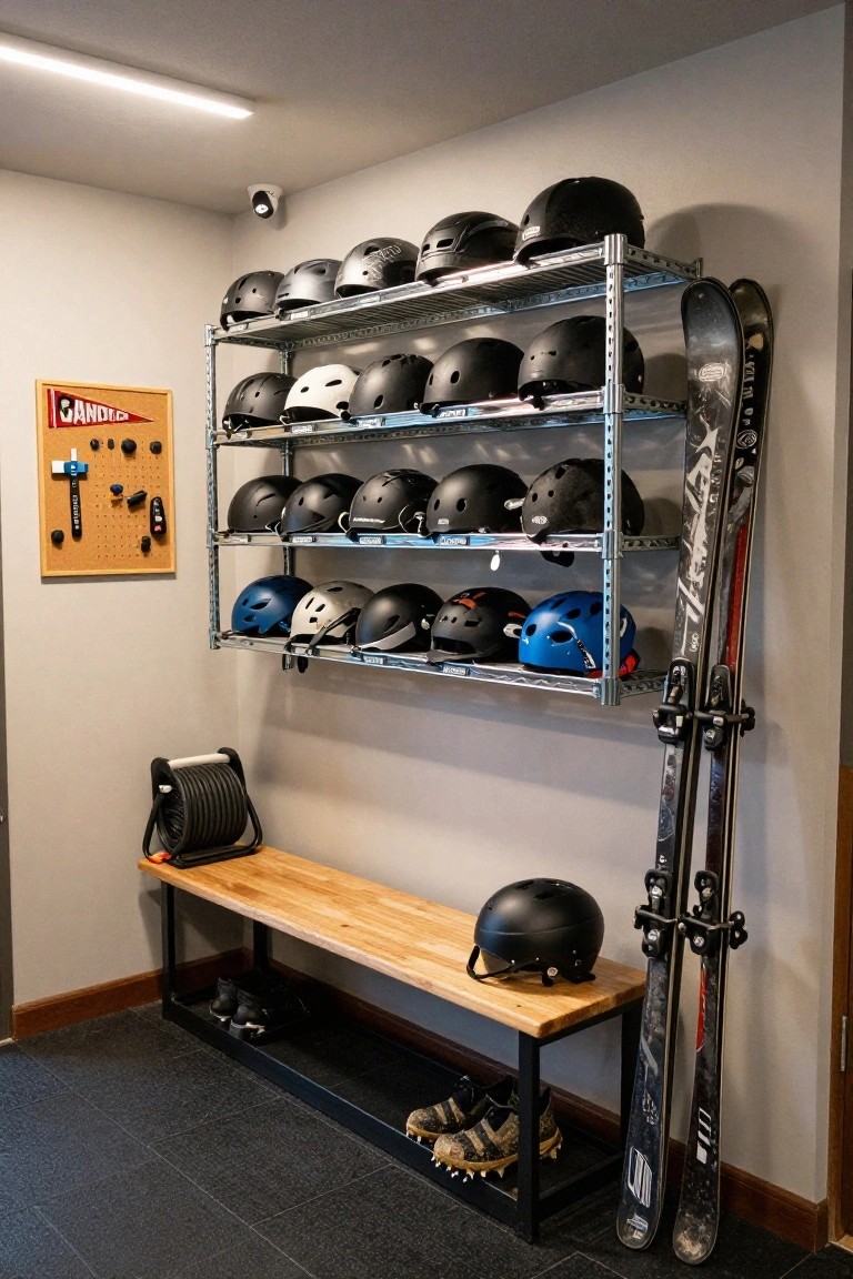 Wall-mounted metal shelves displaying multiple rows of black, white, and blue helmets, with two pairs of skis leaning against the rack, a wooden bench below with shoes and a black helmet on it, and a coiled hose stand nearby in a tiled indoor room.