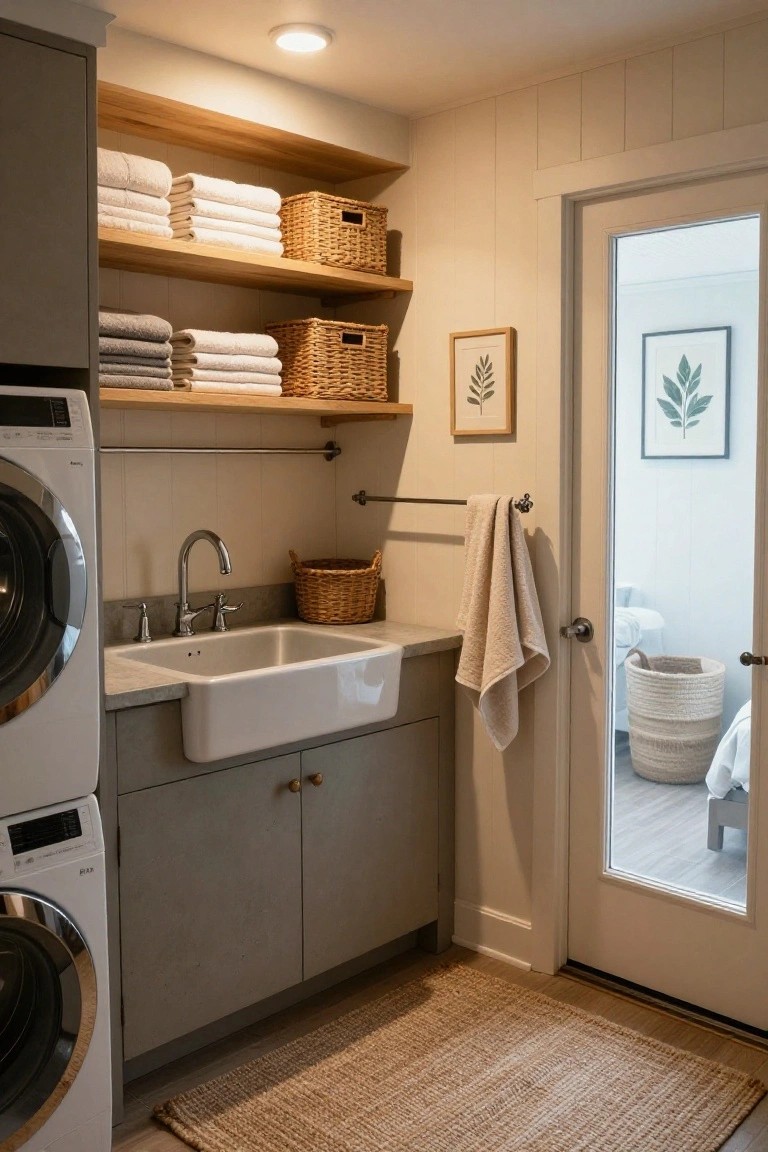 Laundry room with white stacked washer and dryer, white farmhouse sink on gray countertop and cabinets, open wood shelves holding folded towels and wicker baskets, towel bar, and glass door to adjacent room.