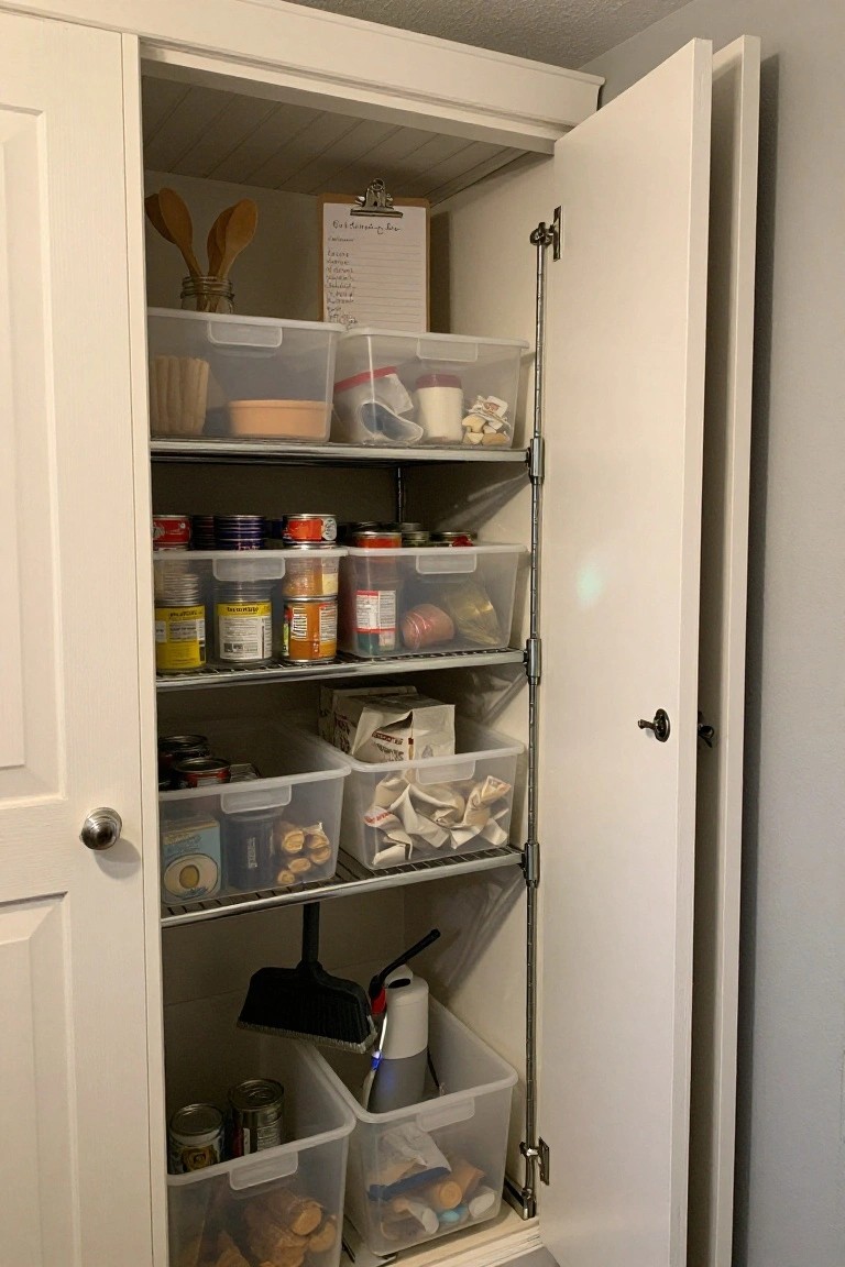 Open white wooden cabinet with adjustable wire shelves holding clear plastic bins filled with canned goods, jars, dry foods, and household items like a broom and utensils.