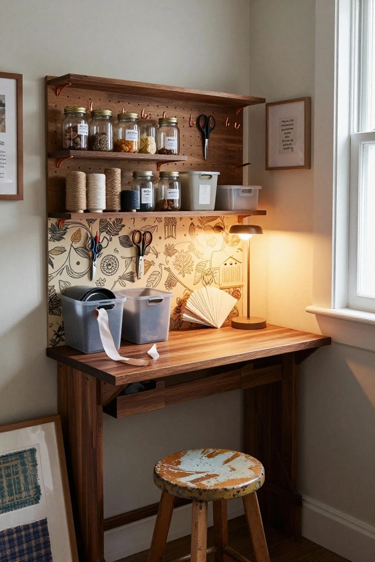Wooden corner desk with pegboard wall behind it holding shelves of jars, bins, scissors on hooks, tools, and a lamp, plus a stool in front.