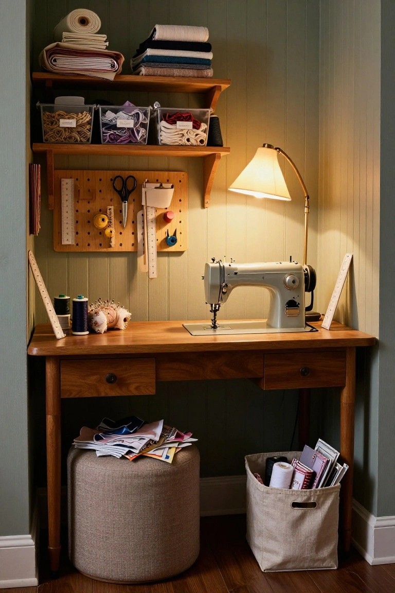 Green shiplap-walled basement sewing room with wooden desk and white sewing machine, pegboard wall holding scissors and tools, open shelves stocked with fabric bins and spools, and floor pouf with basket nearby.