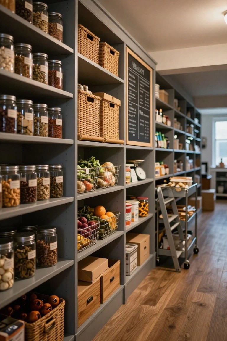 Gray open shelving units in a basement pantry filled with glass jars of dry goods like nuts and beans, woven baskets of fruits and vegetables, canned items, and boxes on wooden floors.