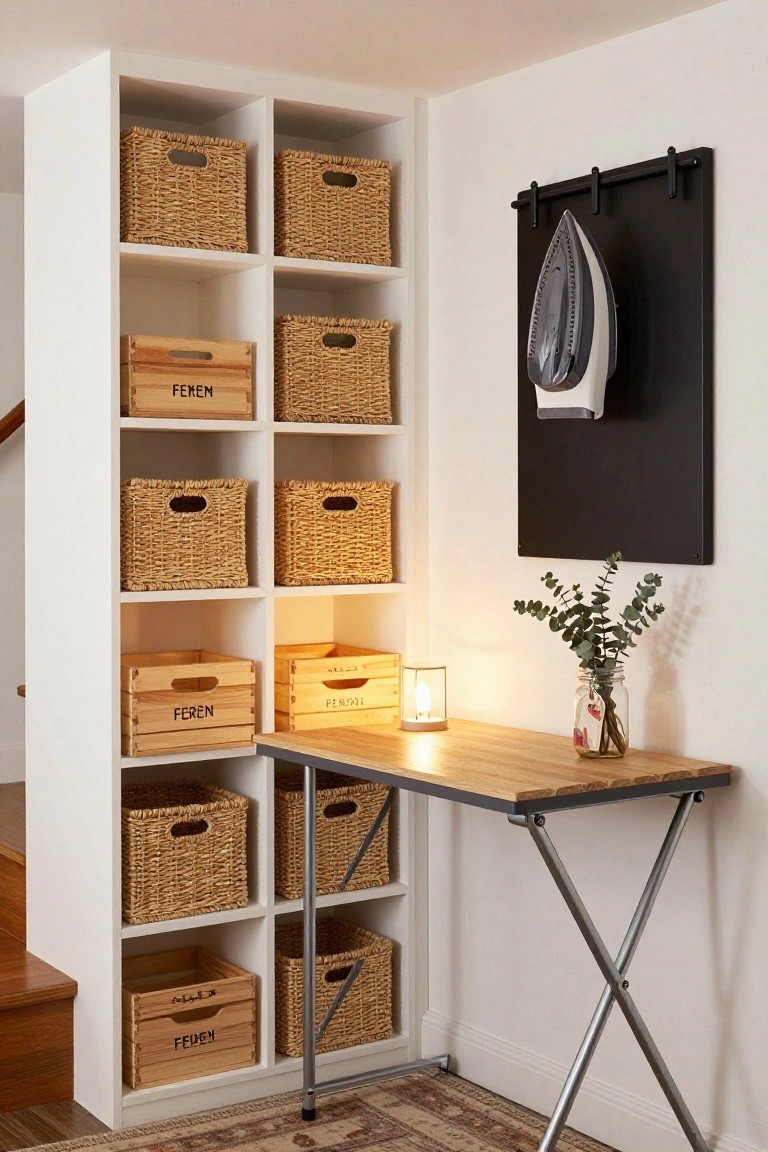 Tall white shelving unit with wicker baskets and wooden crates next to a small wooden desk on metal legs in a room corner, ironing board on black wall rail, eucalyptus in jar on desk.