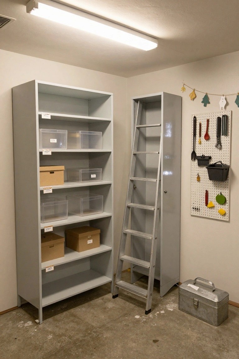 Corner of a basement room featuring two tall gray metal shelving units with clear plastic bins, cardboard boxes, and labels, a gray ladder leaning on one unit, a pegboard wall with kitchen utensils and tools, and a metal toolbox on the concrete floor.