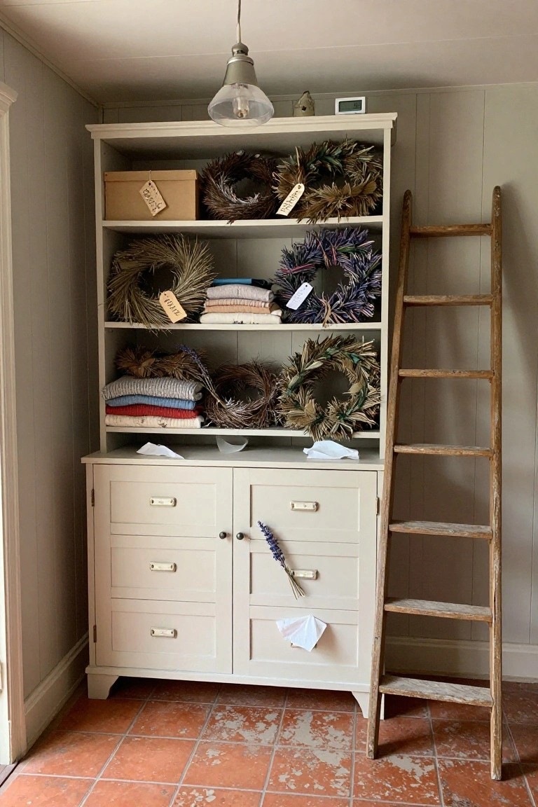 White wooden armoire with open shelves holding wreaths, blankets, baskets, and lavender stems, beside a leaning wooden ladder, in a room with gray paneled walls and terracotta tile floor.
