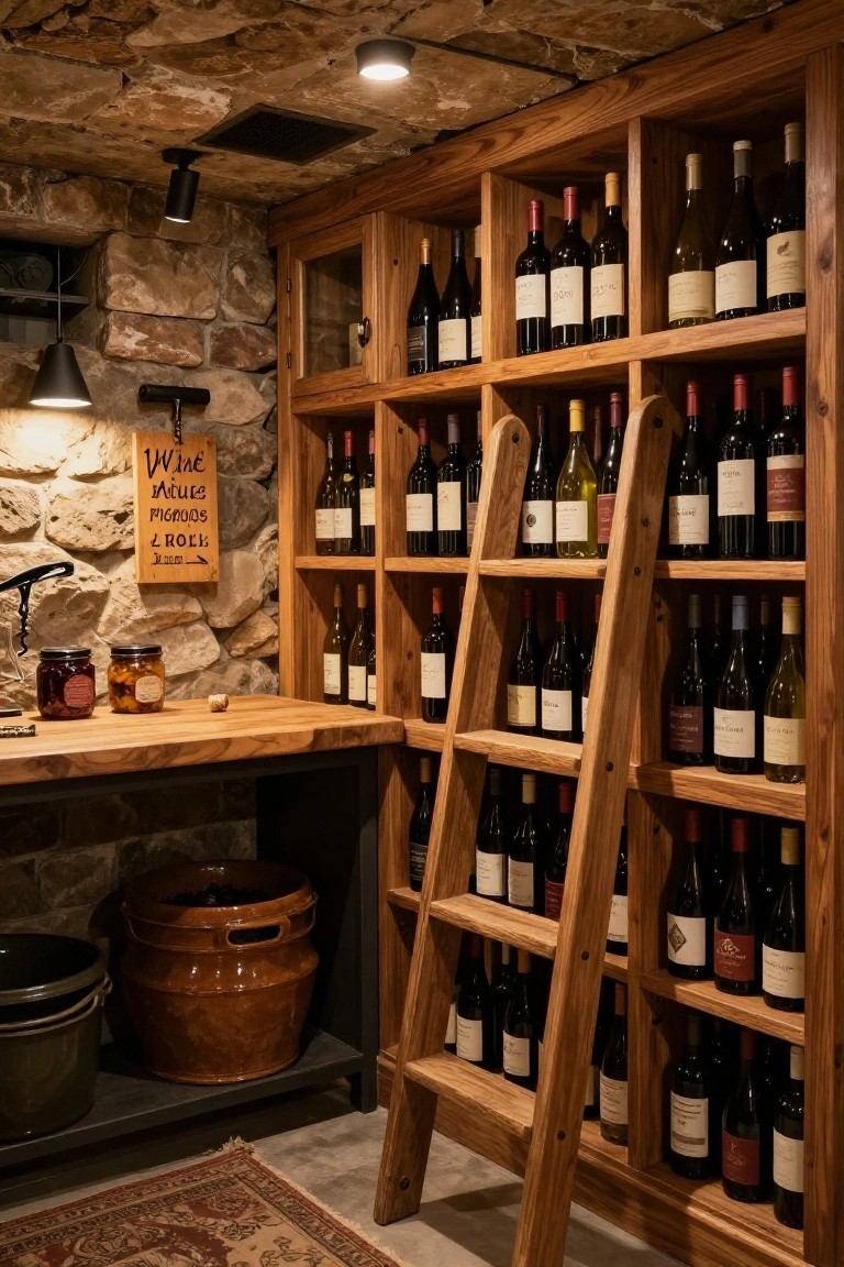Stone-walled basement wine cellar with tall wooden shelves stocked with wine bottles, a rolling wooden ladder, wooden countertop holding jars, and potted items nearby.